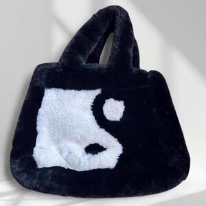 Y2K Black Faux Fur Tote with White Yin-Yang Accent